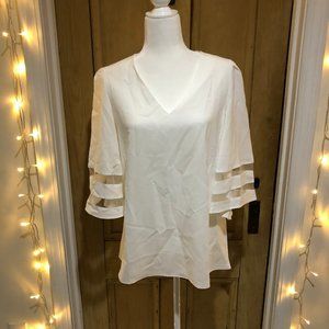Quarter Bell Sleeve V-Neck White Blouse